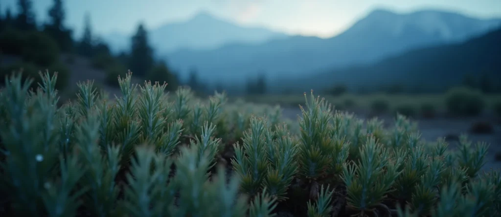 Symbolizing Flow/Cleansing: A local Bitterbrush raindrops on desert leaves. - AI Generated