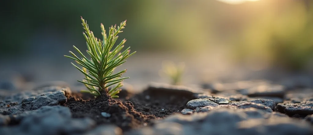 Symbolizing Seed/New Beginning: A local Rabbitbrush shoot emerging from cracked soil. - AI Generated