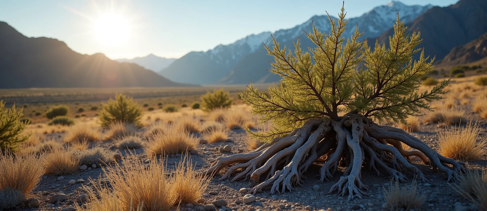 Symbolizing Growth/Resilience: A local Indian Paintbrush gnarled juniper roots. - AI Generated