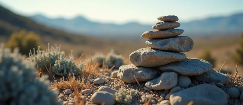 Symbolizing Stability/Peak: A local Manzanita ancient rock cairn. - AI Generated
