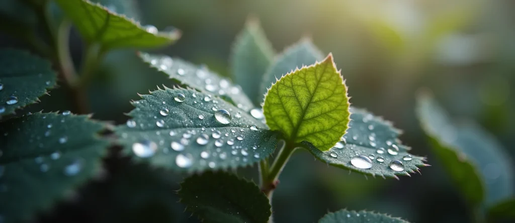 Symbolizing Flow/Cleansing: A local Sierra Juniper raindrops on desert leaves. - AI Generated