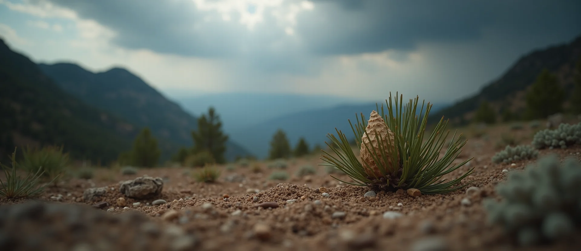 Symbolizing Seed/New Beginning: A local Sierra Juniper single pine seed on dry earth. - AI Generated
