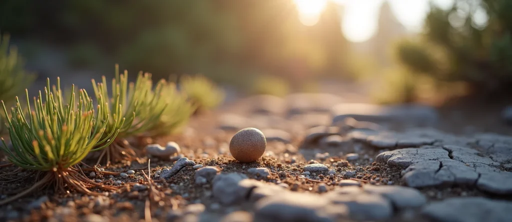 Symbolizing Seed/New Beginning: A local Desert Peach single pine seed on dry earth. - AI Generated