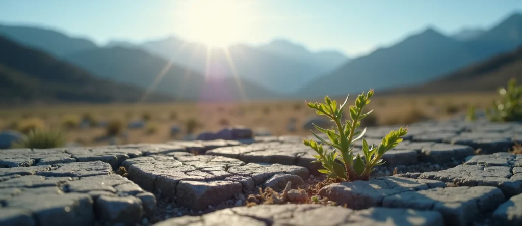 Symbolizing Seed/New Beginning: A local Desert Peach shoot emerging from cracked soil. - AI Generated