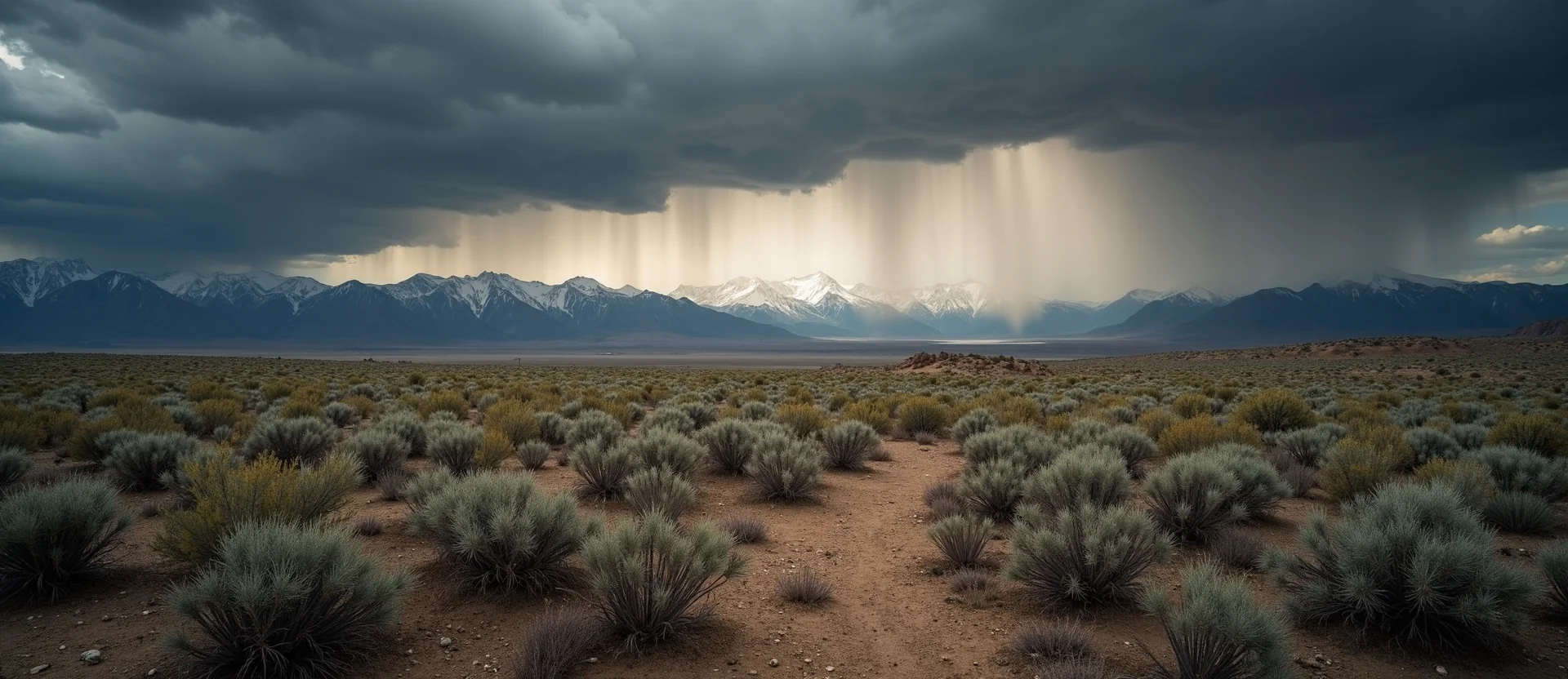Symbolizing Stability/Peak: A local Rabbitbrush distant Sierra horizon. - AI Generated