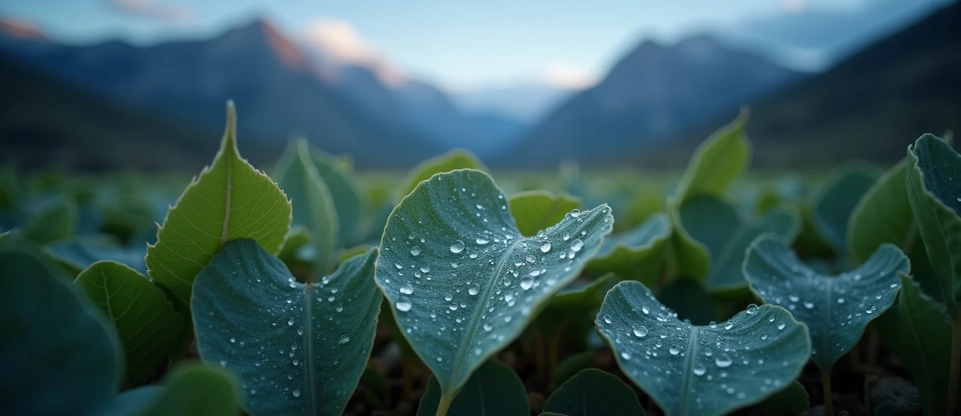 Symbolizing Flow/Cleansing: A local Quaking Aspen raindrops on desert leaves. - AI Generated
