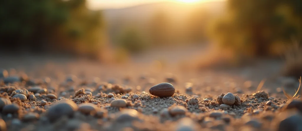 Symbolizing Seed/New Beginning: A local Ponderosa Pine single pine seed on dry earth. - AI Generated