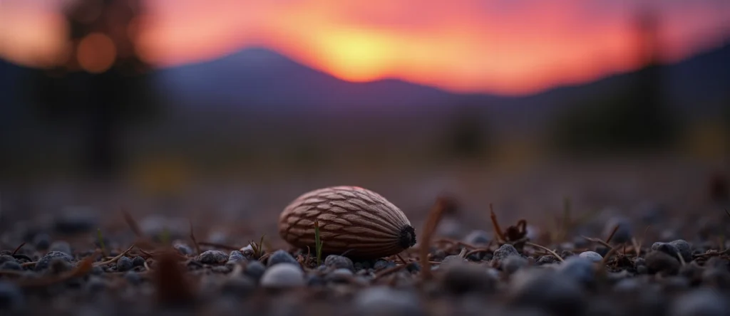 Symbolizing Seed/New Beginning: A local Desert Peach single pine seed on dry earth. - AI Generated