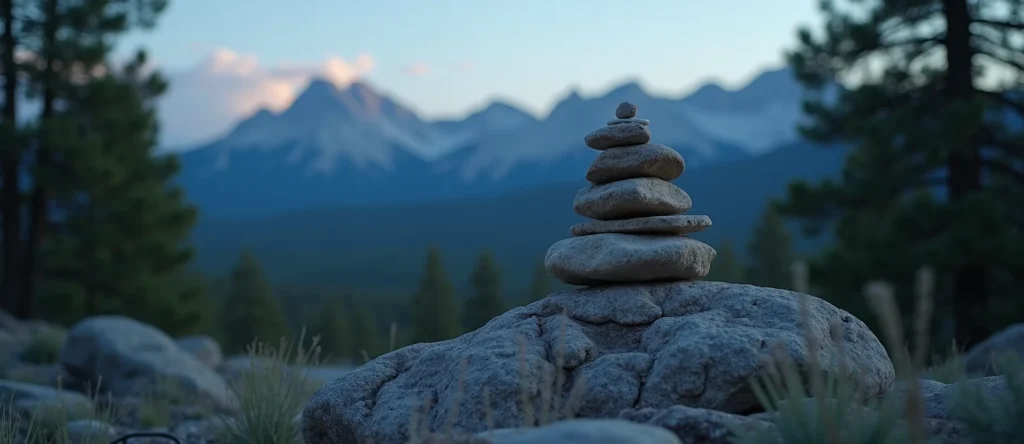 Symbolizing Stability/Peak: A local Quaking Aspen ancient rock cairn. - AI Generated