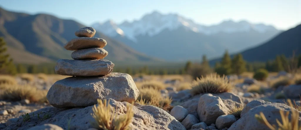 Symbolizing Stability/Peak: A local Desert Peach ancient rock cairn. - AI Generated