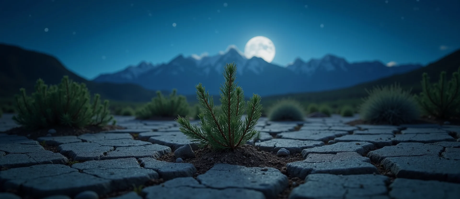 Symbolizing Seed/New Beginning: A local Bitterbrush shoot emerging from cracked soil. - AI Generated