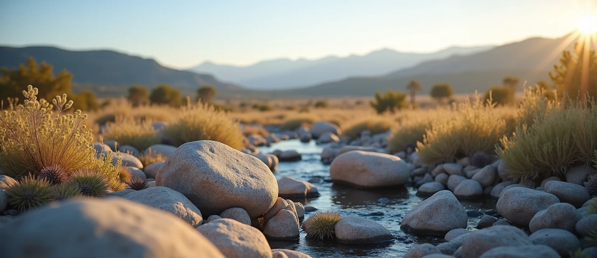 Symbolizing Flow/Cleansing: A local Sagebrush (Artemisia tridentata) smooth Truckee river stones. - AI Generated