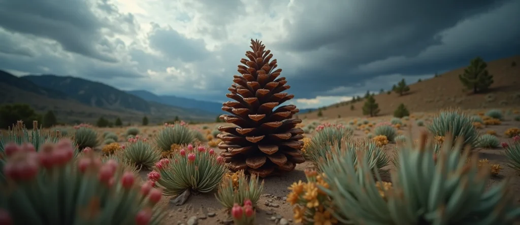 Symbolizing Seed/New Beginning: A local Indian Paintbrush opening pine cone. - AI Generated