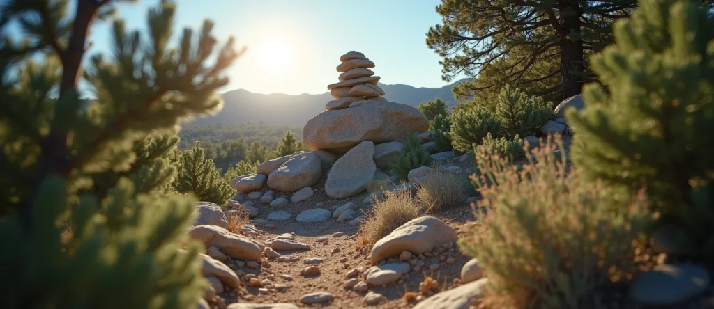 Symbolizing Stability/Peak: A local Desert Peach ancient rock cairn. - AI Generated