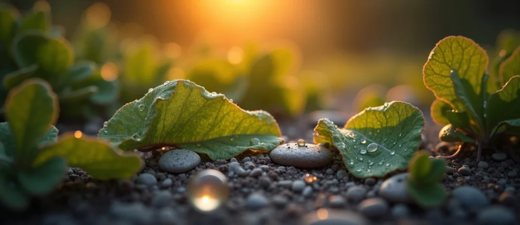 Symbolizing Flow/Cleansing: A local Quaking Aspen raindrops on desert leaves. - AI Generated