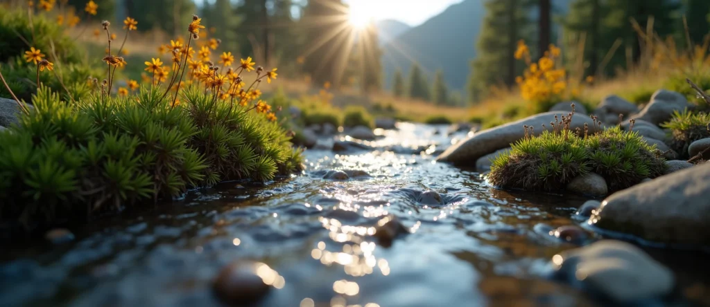 Symbolizing Flow/Cleansing: A local Indian Paintbrush babbling mountain creek. - AI Generated