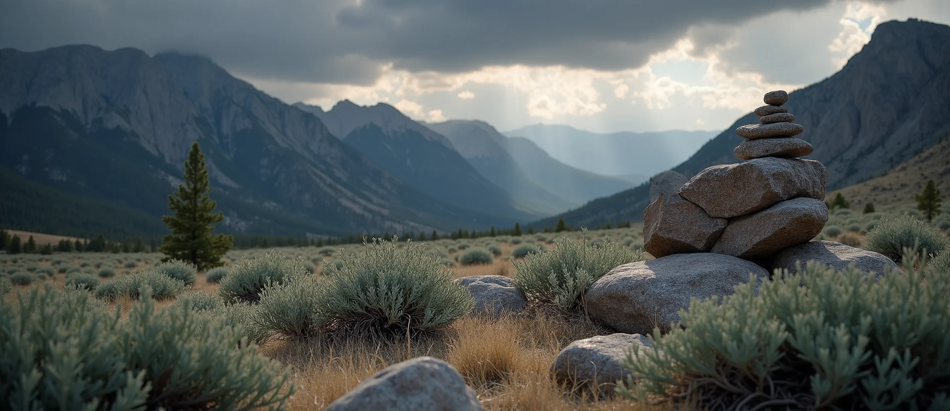 Symbolizing Stability/Peak: A local Sagebrush (Artemisia tridentata) ancient rock cairn. - AI Generated