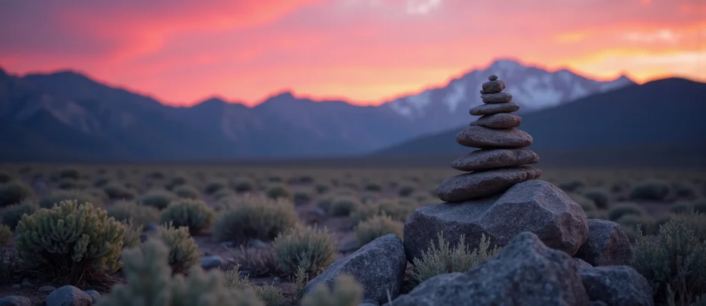 Symbolizing Stability/Peak: A local Bitterbrush ancient rock cairn. - AI Generated