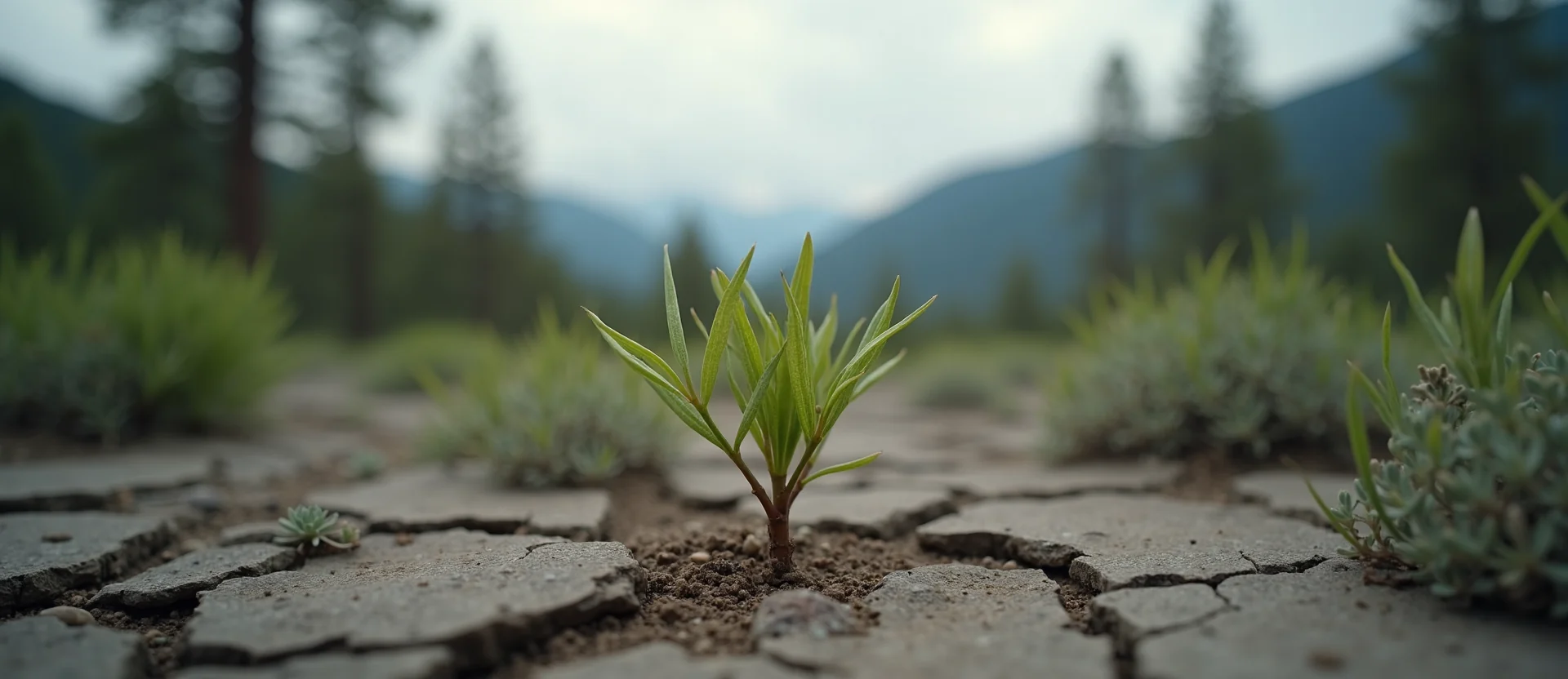 Symbolizing Seed/New Beginning: A local Quaking Aspen shoot emerging from cracked soil. - AI Generated