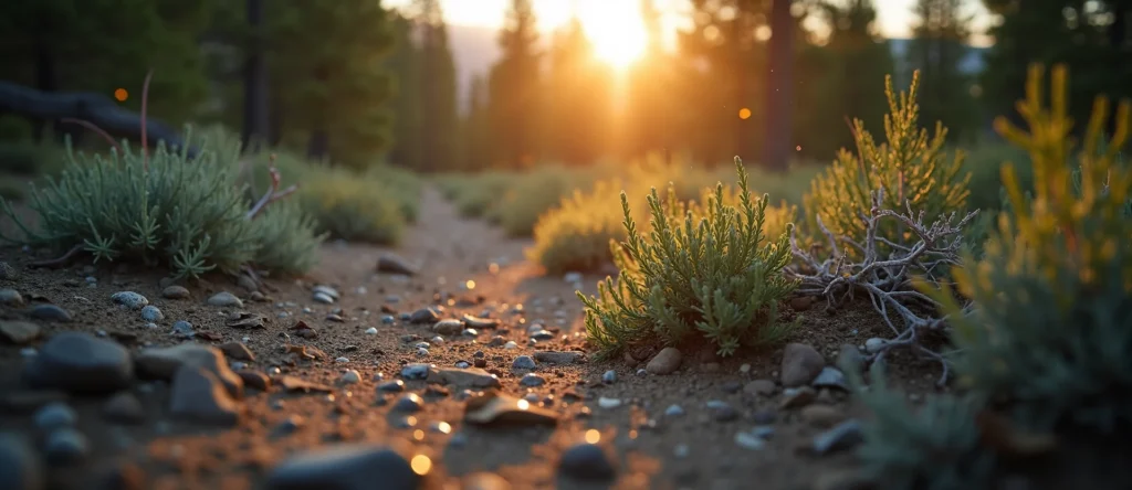 Symbolizing Flow/Cleansing: A local Ponderosa Pine raindrops on desert leaves. - AI Generated