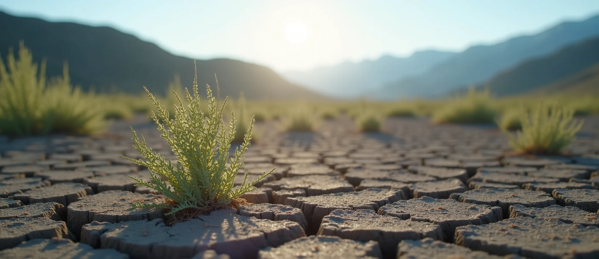 Symbolizing Seed/New Beginning: A local Sagebrush (Artemisia tridentata) shoot emerging from cracked soil. - AI Generated
