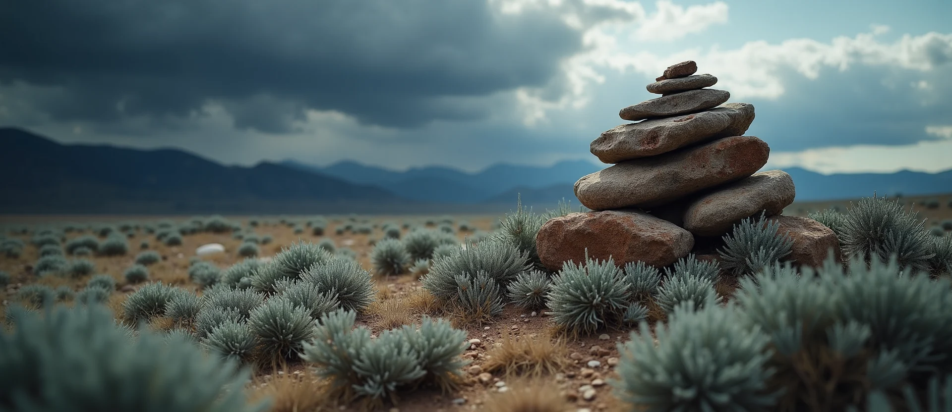 Symbolizing Stability/Peak: A local Sagebrush (Artemisia tridentata) ancient rock cairn. - AI Generated