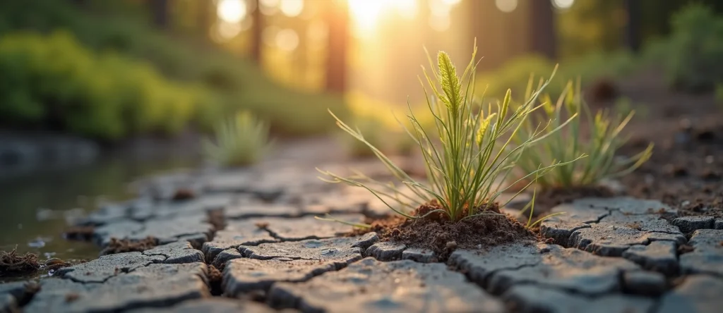 Symbolizing Seed/New Beginning: A local Desert Peach shoot emerging from cracked soil. - AI Generated