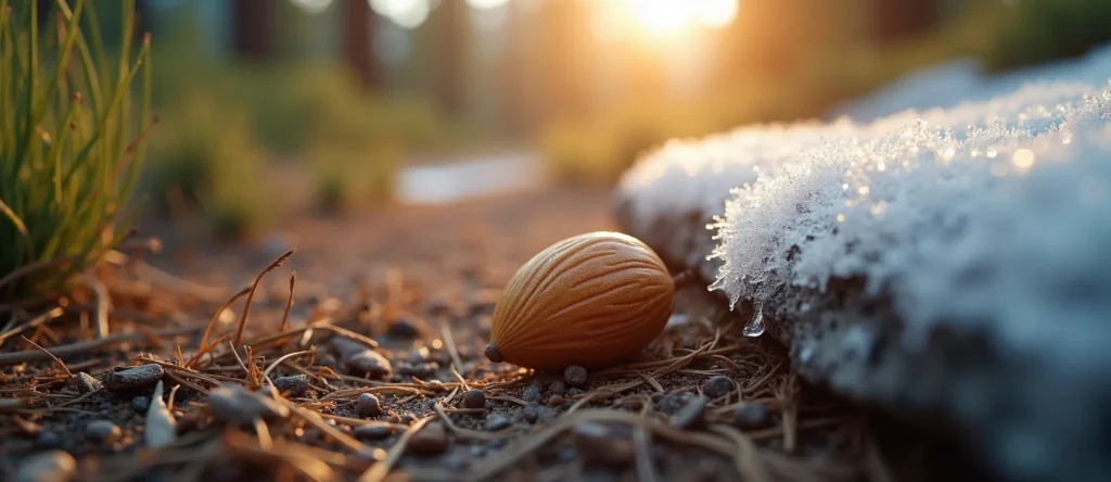 Symbolizing Seed/New Beginning: A local Bitterbrush single pine seed on dry earth. - AI Generated