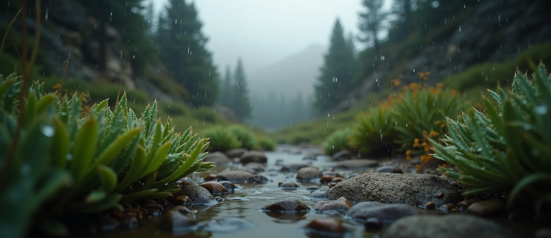 Symbolizing Flow/Cleansing: A local Desert Peach raindrops on desert leaves. - AI Generated