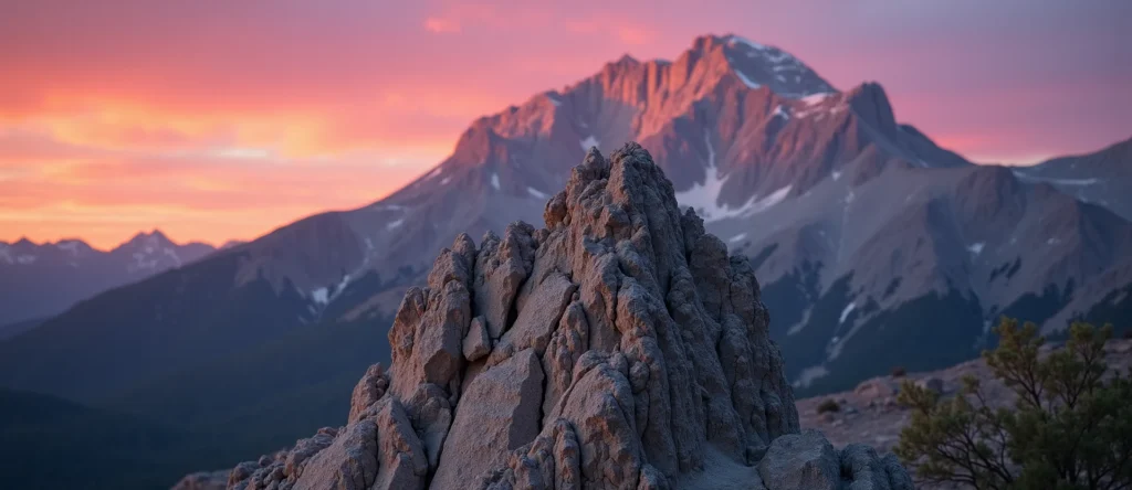 Symbolizing Stability/Peak: A local Quaking Aspen jagged granite peak. - AI Generated