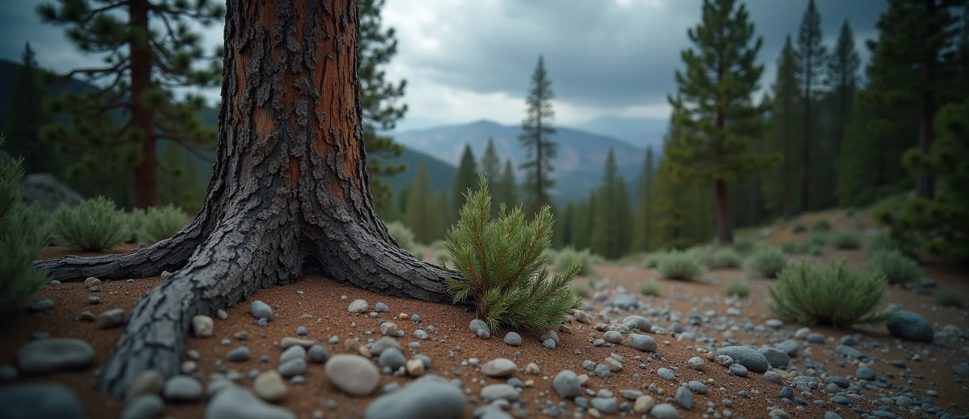 Symbolizing Growth/Resilience: A local Ponderosa Pine sturdy weathered tree trunk. - AI Generated