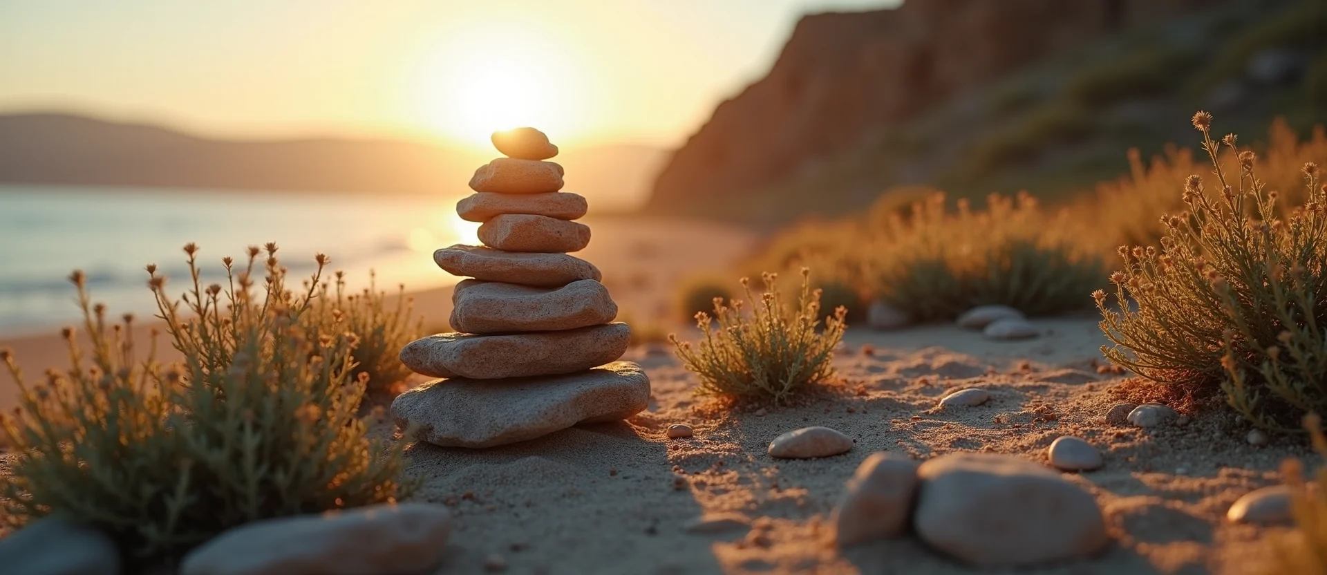 Symbolizing Stability/Peak: A local Desert Peach ancient rock cairn. - AI Generated