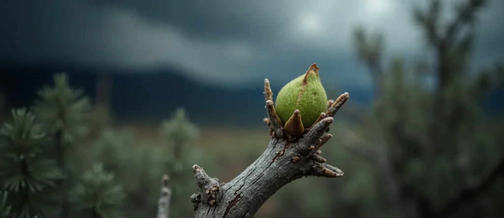 Symbolizing Seed/New Beginning: A local Mountain Mahogany new green bud on a branch. - AI Generated