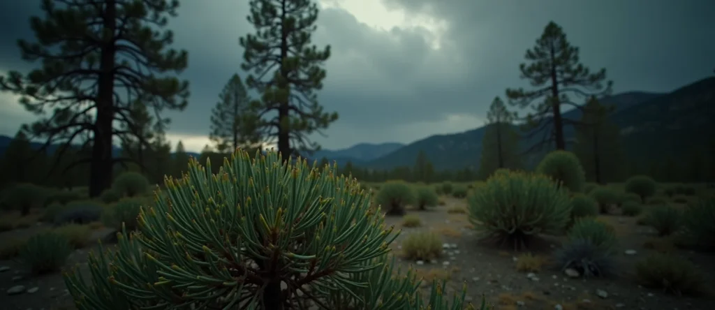 Symbolizing Flow/Cleansing: A local Sierra Juniper raindrops on desert leaves. - AI Generated