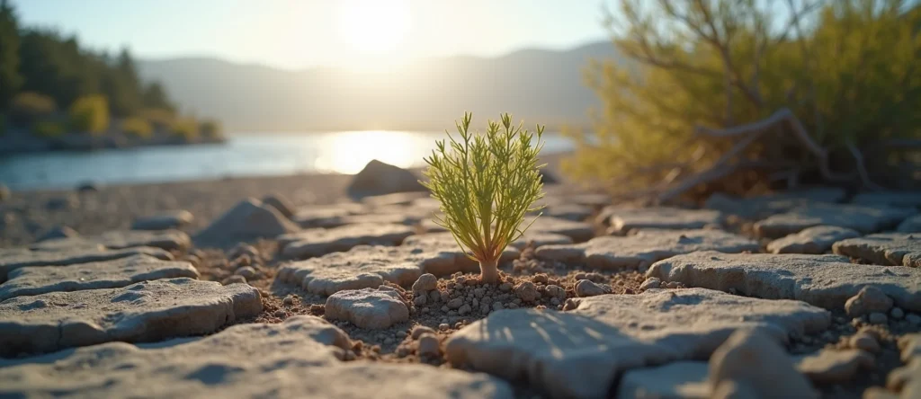 Symbolizing Seed/New Beginning: A local Manzanita shoot emerging from cracked soil. - AI Generated