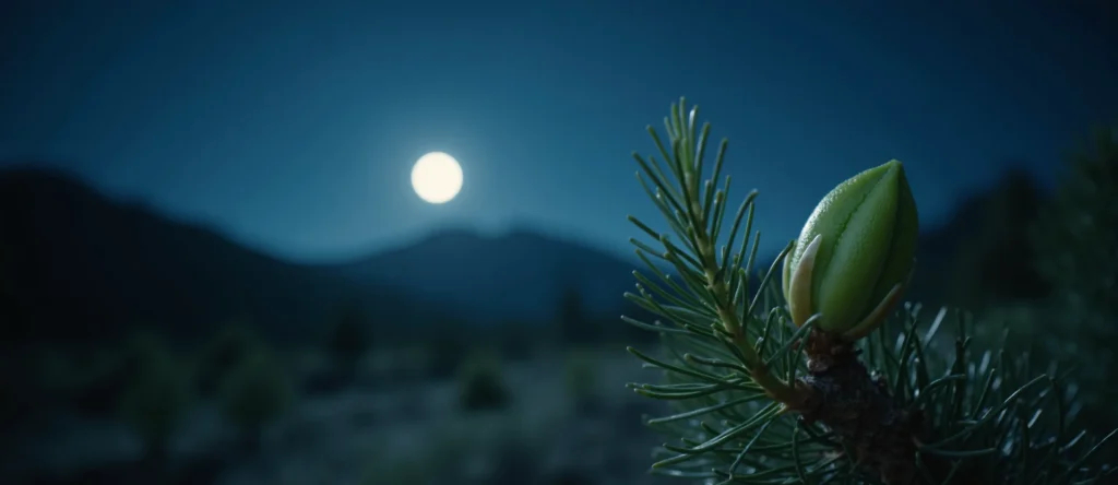 Symbolizing Seed/New Beginning: A local Ponderosa Pine new green bud on a branch. - AI Generated