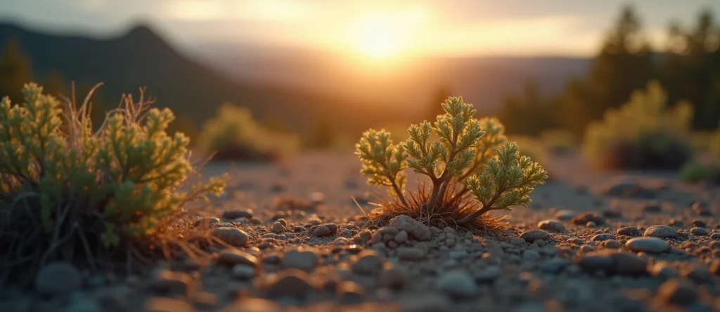 Symbolizing Seed/New Beginning: A local Sierra Juniper sprouting sagebrush seedling. - AI Generated