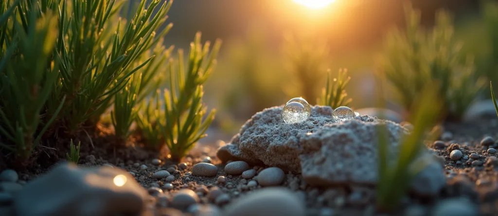 Symbolizing Flow/Cleansing: A local Rabbitbrush raindrops on desert leaves. - AI Generated