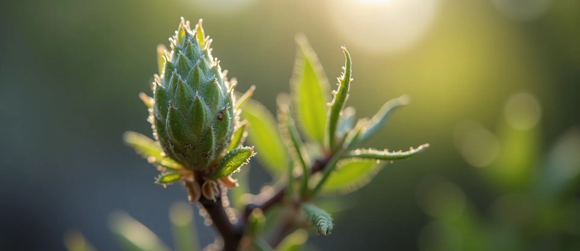 Symbolizing Seed/New Beginning: A local Sierra Juniper new green bud on a branch. - AI Generated