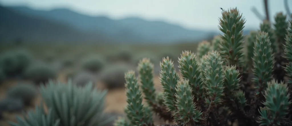 Symbolizing Flow/Cleansing: A local Desert Peach raindrops on desert leaves. - AI Generated