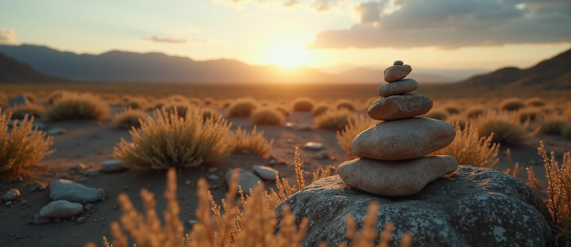Symbolizing Stability/Peak: A local Desert Peach ancient rock cairn. - AI Generated