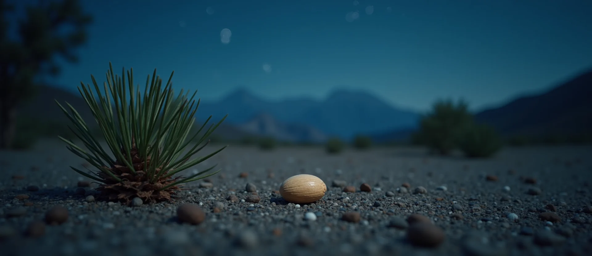 Symbolizing Seed/New Beginning: A local Sierra Juniper single pine seed on dry earth. - AI Generated