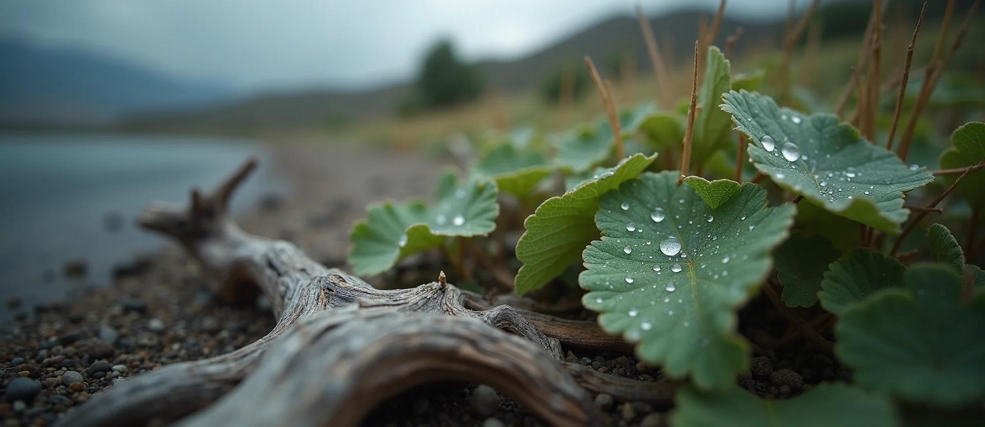 Symbolizing Flow/Cleansing: A local Desert Peach raindrops on desert leaves. - AI Generated