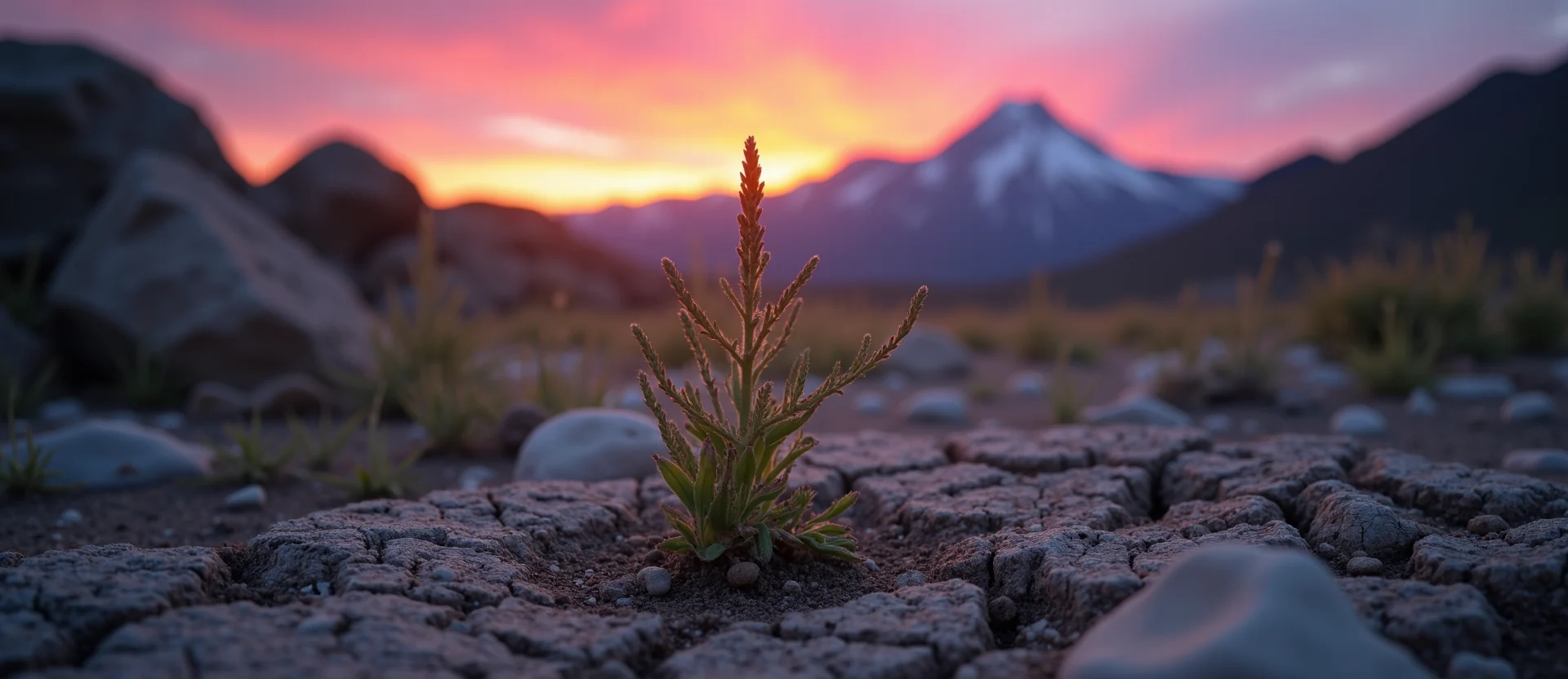 Symbolizing Seed/New Beginning: A local Indian Paintbrush shoot emerging from cracked soil. - AI Generated