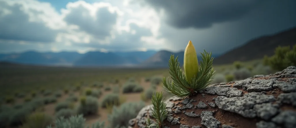 Symbolizing Seed/New Beginning: A local Sagebrush (Artemisia tridentata) new green bud on a branch. - AI Generated