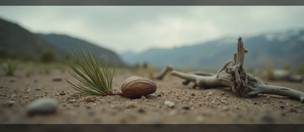 Symbolizing Seed/New Beginning: A local Desert Peach single pine seed on dry earth. - AI Generated