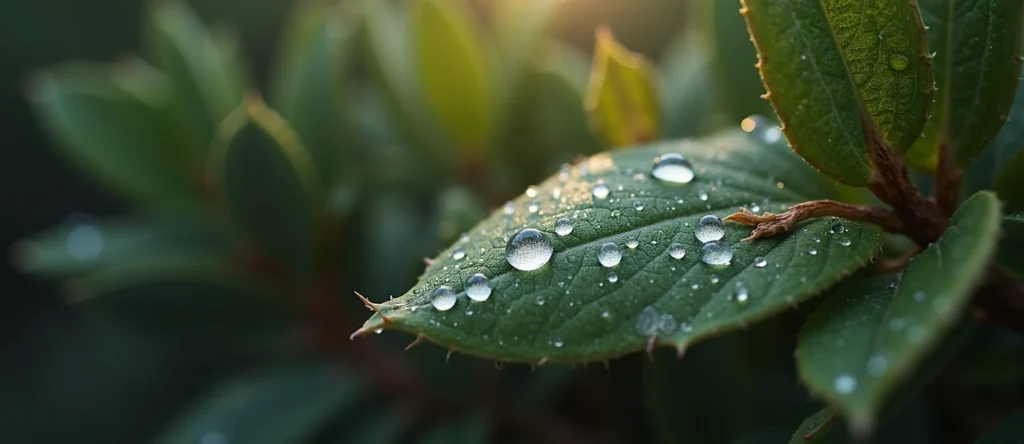 Symbolizing Flow/Cleansing: A local Desert Peach raindrops on desert leaves. - AI Generated