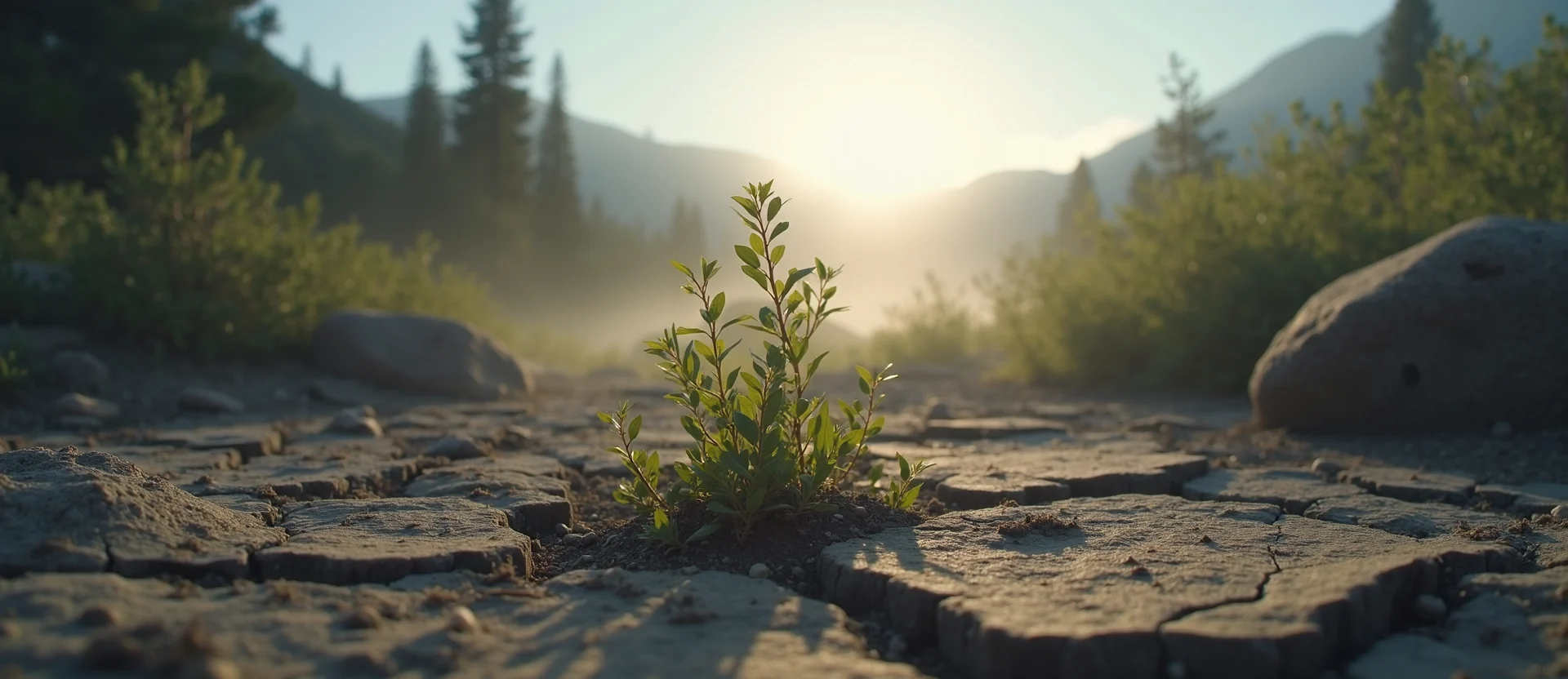Symbolizing Seed/New Beginning: A local Bitterbrush shoot emerging from cracked soil. - AI Generated