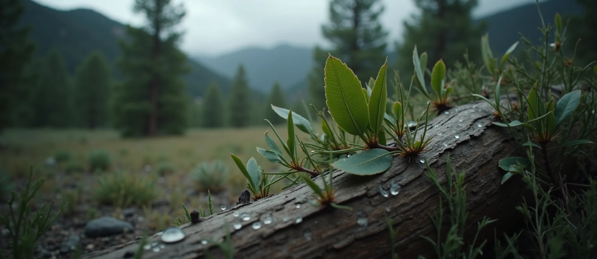 Symbolizing Flow/Cleansing: A local Mountain Mahogany raindrops on desert leaves. - AI Generated