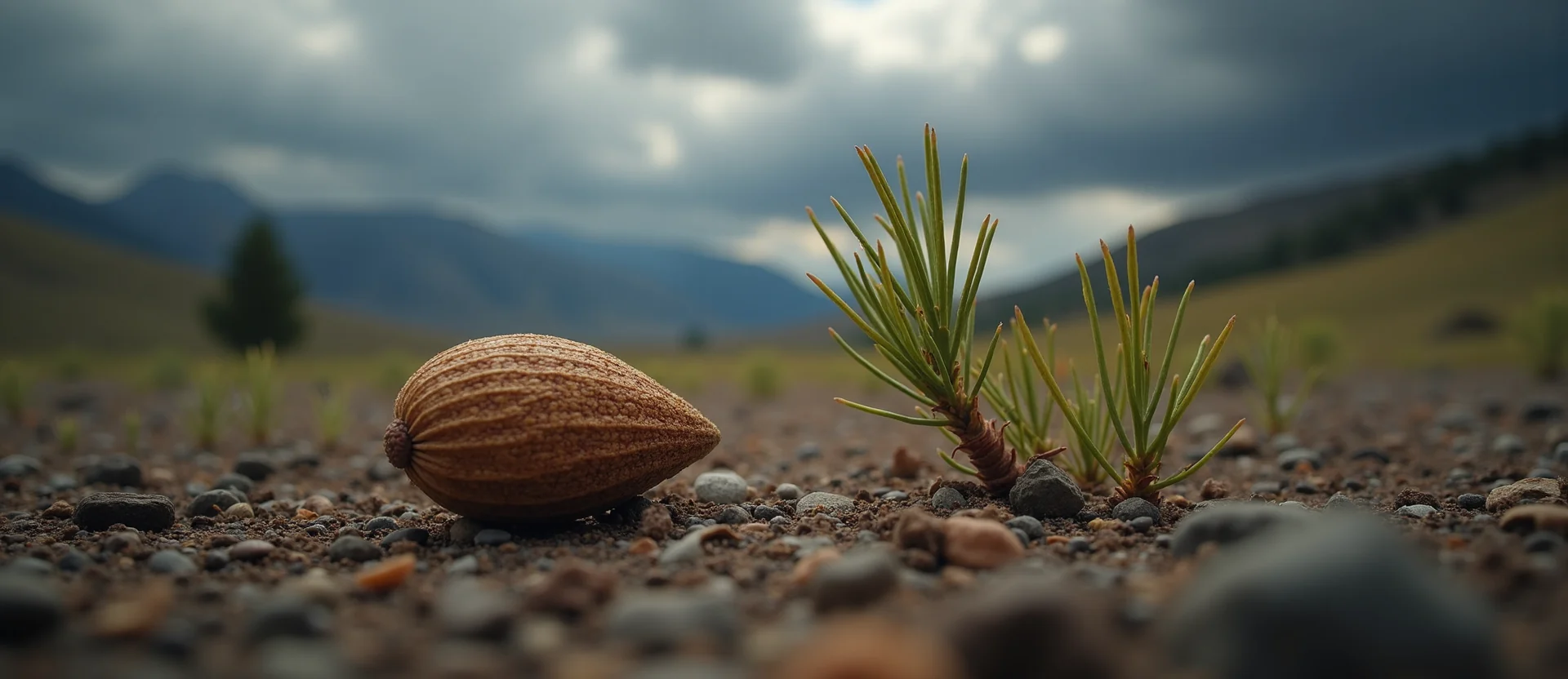 Symbolizing Seed/New Beginning: A local Rabbitbrush single pine seed on dry earth. - AI Generated
